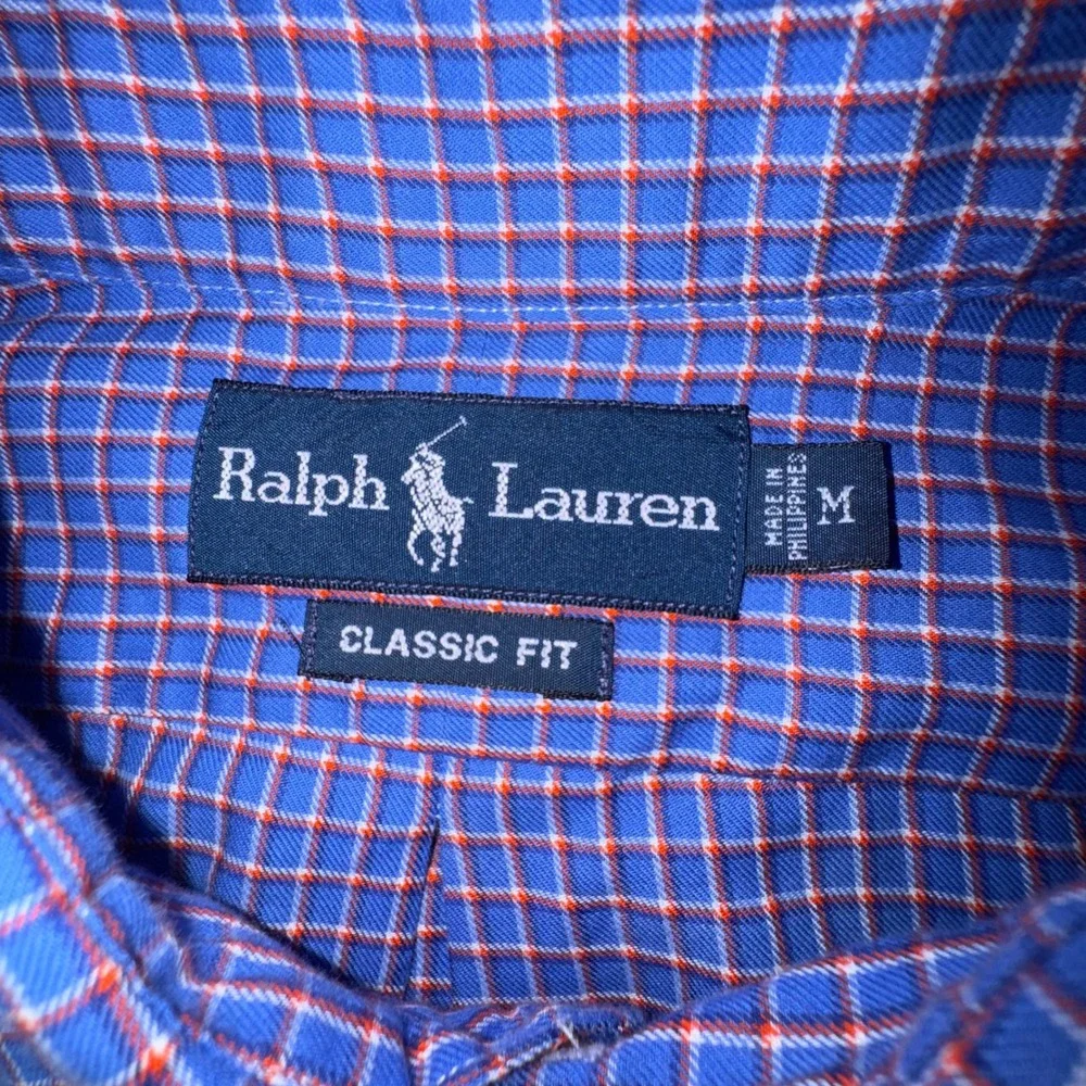Ralph Lauren Button Down Shirt Mens M Blue Orange Plaid Classic Fit Long Sleeve